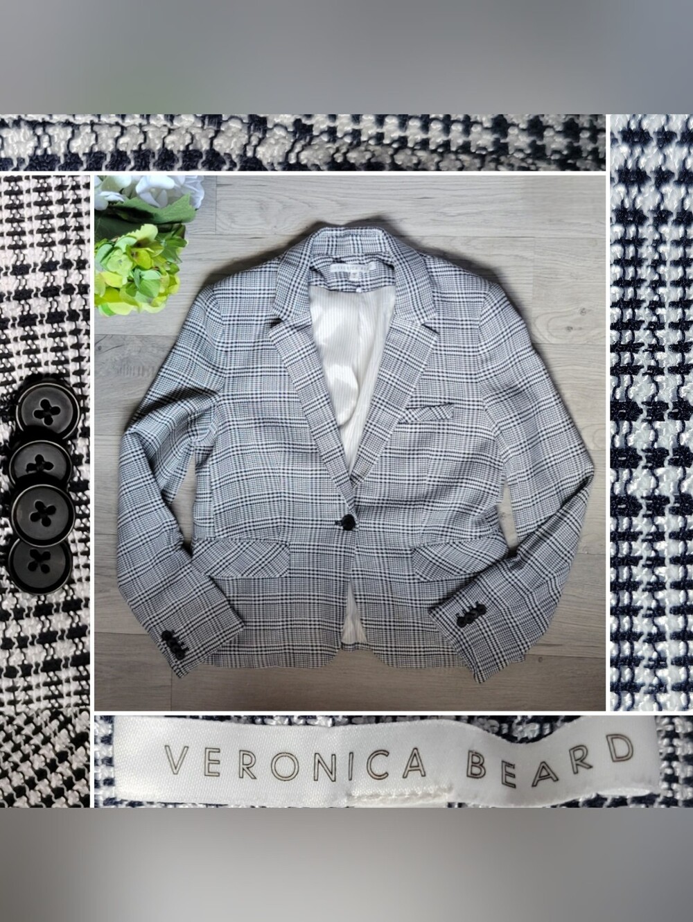 Veronica Beard Leo Schoolboy Glen Plaid Navy & White Dickey Blazer Jacket, 12